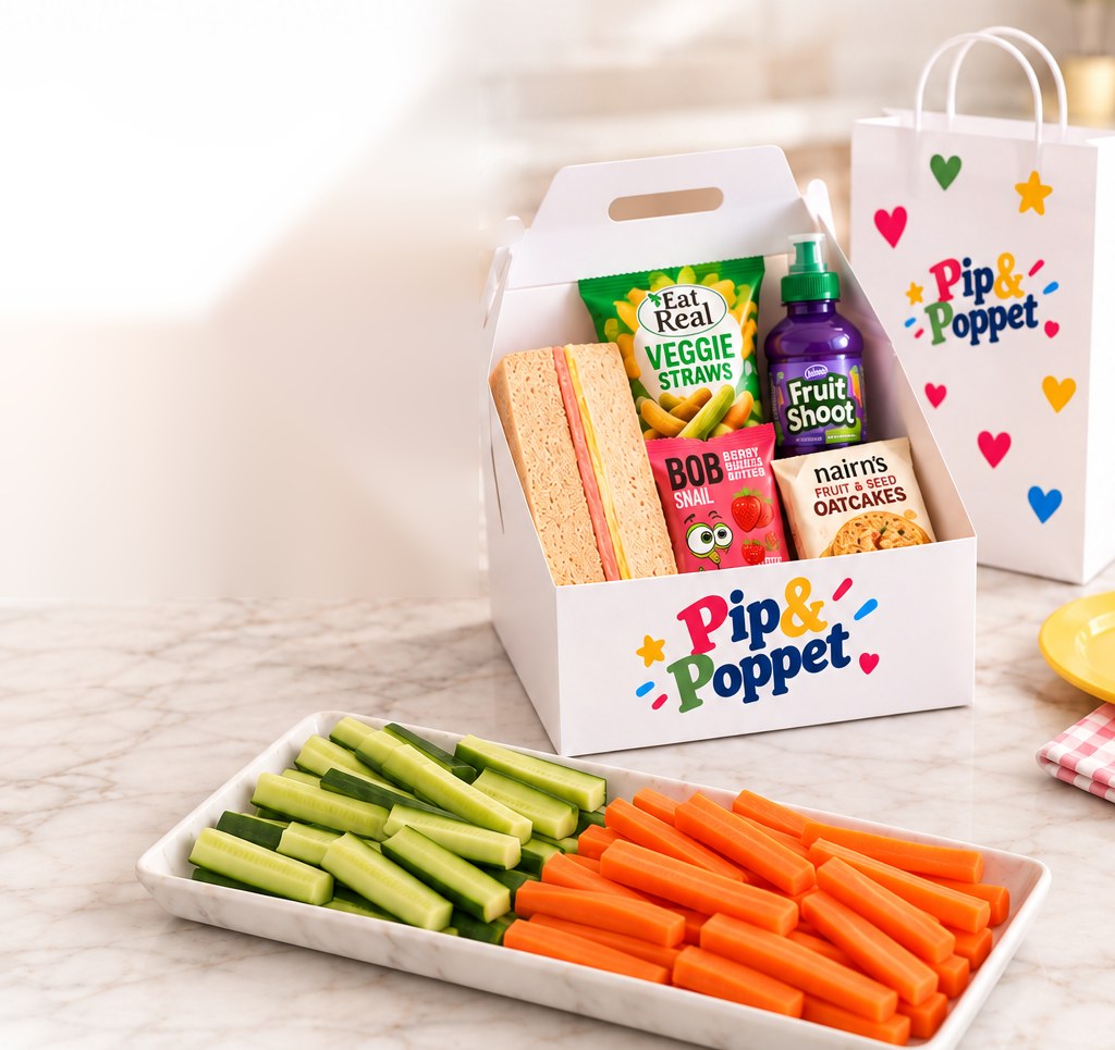 A Pip & Poppet lunch box with sandwich, snacks and drink beside a party bag and a platter of cucumber and carrot sticks